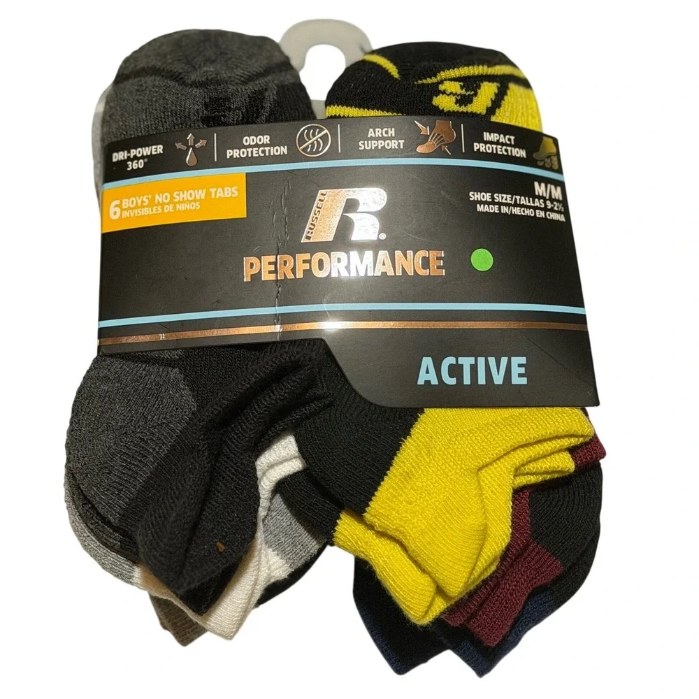 Russell Performance Socks Multicolor No Show Active Arch Support 6 Pair M Boys
